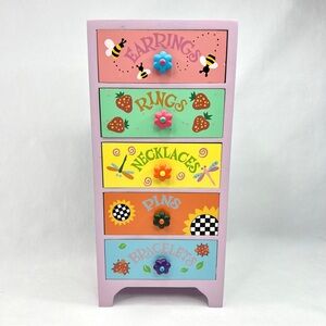 Vintage 2004 Colorful Kids Wooden Jewelry Chest  Mini Dresser With 5 Drawers